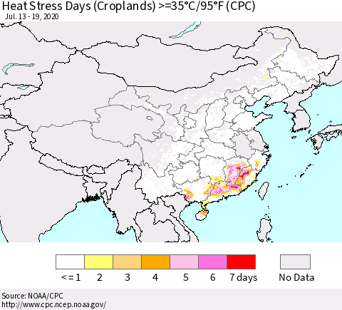 China, Mongolia and Taiwan Heat Stress Days (Croplands) >=35°C/95°F (CPC) Thematic Map For 7/13/2020 - 7/19/2020