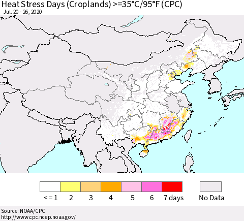 China, Mongolia and Taiwan Heat Stress Days (Croplands) >=35°C/95°F (CPC) Thematic Map For 7/20/2020 - 7/26/2020