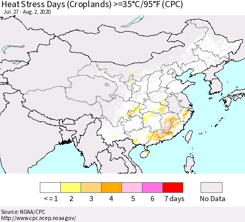 China, Mongolia and Taiwan Heat Stress Days (Croplands) >=35°C/95°F (CPC) Thematic Map For 7/27/2020 - 8/2/2020