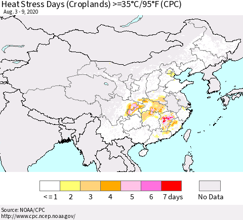 China, Mongolia and Taiwan Heat Stress Days (Croplands) >=35°C/95°F (CPC) Thematic Map For 8/3/2020 - 8/9/2020