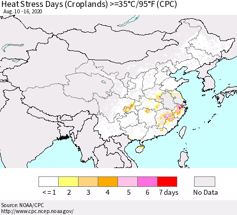 China, Mongolia and Taiwan Heat Stress Days (Croplands) >=35°C/95°F (CPC) Thematic Map For 8/10/2020 - 8/16/2020