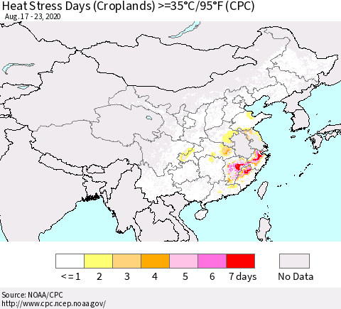 China, Mongolia and Taiwan Heat Stress Days (Croplands) >=35°C/95°F (CPC) Thematic Map For 8/17/2020 - 8/23/2020