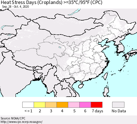 China, Mongolia and Taiwan Heat Stress Days (Croplands) >=35°C/95°F (CPC) Thematic Map For 9/28/2020 - 10/4/2020