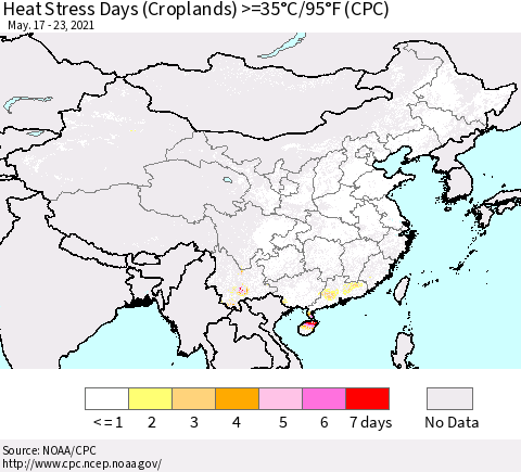 China, Mongolia and Taiwan Heat Stress Days (Croplands) >=35°C/95°F (CPC) Thematic Map For 5/17/2021 - 5/23/2021