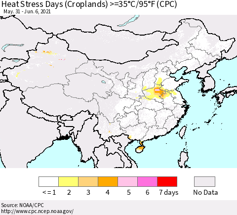 China, Mongolia and Taiwan Heat Stress Days (Croplands) >=35°C/95°F (CPC) Thematic Map For 5/31/2021 - 6/6/2021