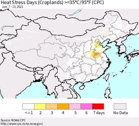 China, Mongolia and Taiwan Heat Stress Days (Croplands) >=35°C/95°F (CPC) Thematic Map For 6/7/2021 - 6/13/2021