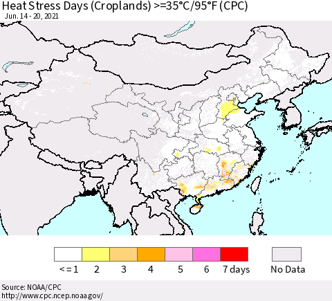 China, Mongolia and Taiwan Heat Stress Days (Croplands) >=35°C/95°F (CPC) Thematic Map For 6/14/2021 - 6/20/2021