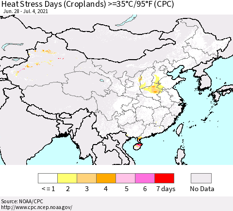 China, Mongolia and Taiwan Heat Stress Days (Croplands) >=35°C/95°F (CPC) Thematic Map For 6/28/2021 - 7/4/2021