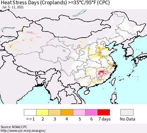 China, Mongolia and Taiwan Heat Stress Days (Croplands) >=35°C/95°F (CPC) Thematic Map For 7/5/2021 - 7/11/2021