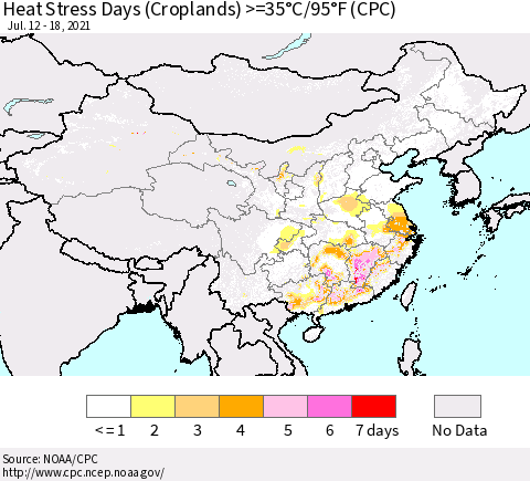 China, Mongolia and Taiwan Heat Stress Days (Croplands) >=35°C/95°F (CPC) Thematic Map For 7/12/2021 - 7/18/2021