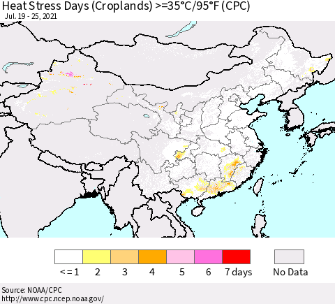 China, Mongolia and Taiwan Heat Stress Days (Croplands) >=35°C/95°F (CPC) Thematic Map For 7/19/2021 - 7/25/2021