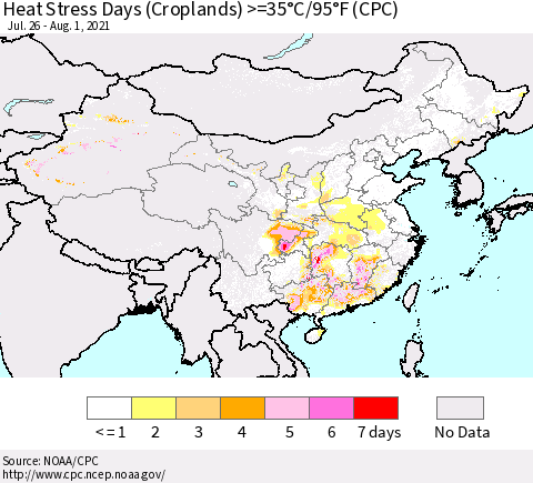 China, Mongolia and Taiwan Heat Stress Days (Croplands) >=35°C/95°F (CPC) Thematic Map For 7/26/2021 - 8/1/2021