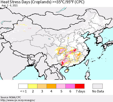China, Mongolia and Taiwan Heat Stress Days (Croplands) >=35°C/95°F (CPC) Thematic Map For 8/2/2021 - 8/8/2021