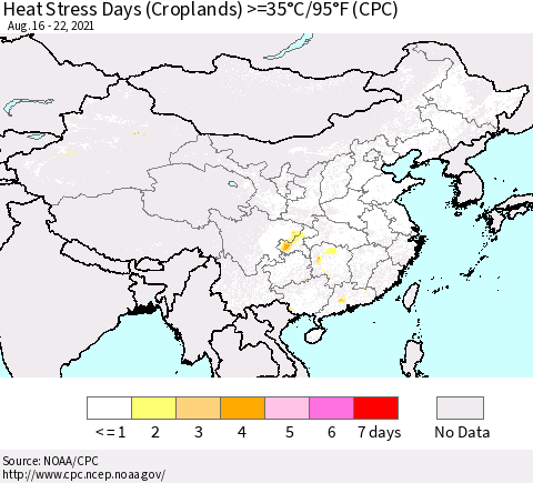 China, Mongolia and Taiwan Heat Stress Days (Croplands) >=35°C/95°F (CPC) Thematic Map For 8/16/2021 - 8/22/2021
