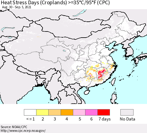 China, Mongolia and Taiwan Heat Stress Days (Croplands) >=35°C/95°F (CPC) Thematic Map For 8/30/2021 - 9/5/2021