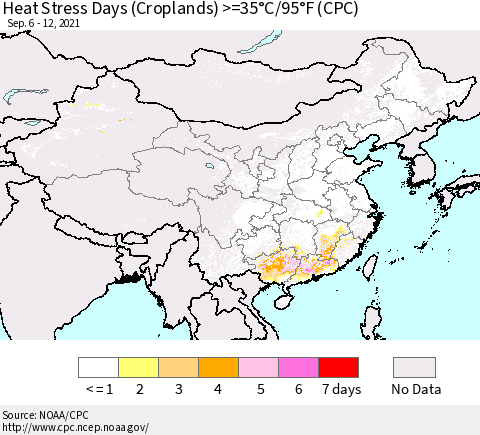 China, Mongolia and Taiwan Heat Stress Days (Croplands) >=35°C/95°F (CPC) Thematic Map For 9/6/2021 - 9/12/2021