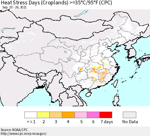 China, Mongolia and Taiwan Heat Stress Days (Croplands) >=35°C/95°F (CPC) Thematic Map For 9/20/2021 - 9/26/2021