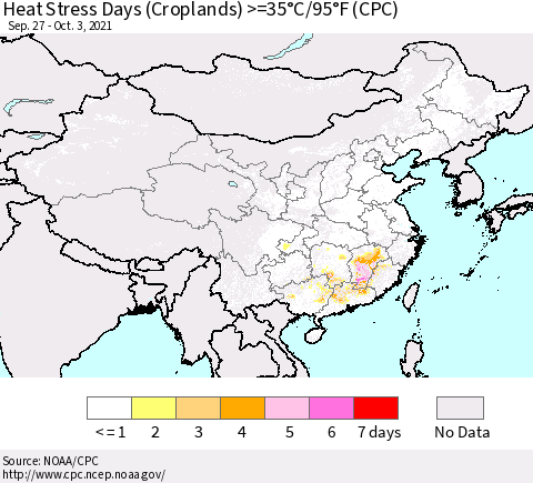 China, Mongolia and Taiwan Heat Stress Days (Croplands) >=35°C/95°F (CPC) Thematic Map For 9/27/2021 - 10/3/2021