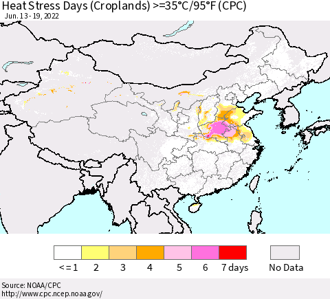 China, Mongolia and Taiwan Heat Stress Days (Croplands) >=35°C/95°F (CPC) Thematic Map For 6/13/2022 - 6/19/2022