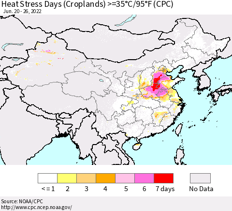 China, Mongolia and Taiwan Heat Stress Days (Croplands) >=35°C/95°F (CPC) Thematic Map For 6/20/2022 - 6/26/2022