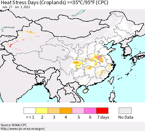 China, Mongolia and Taiwan Heat Stress Days (Croplands) >=35°C/95°F (CPC) Thematic Map For 6/27/2022 - 7/3/2022