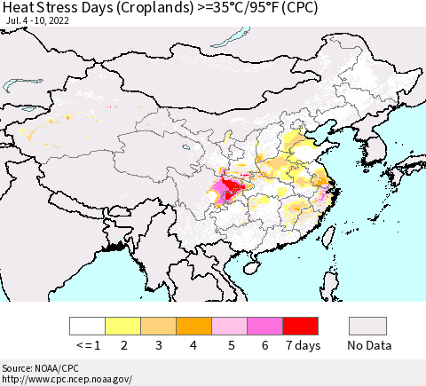 China, Mongolia and Taiwan Heat Stress Days (Croplands) >=35°C/95°F (CPC) Thematic Map For 7/4/2022 - 7/10/2022
