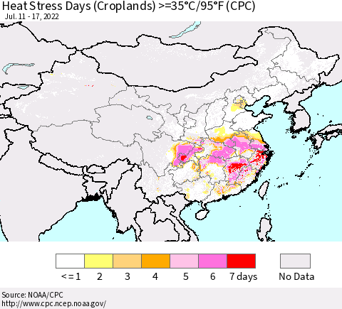China, Mongolia and Taiwan Heat Stress Days (Croplands) >=35°C/95°F (CPC) Thematic Map For 7/11/2022 - 7/17/2022