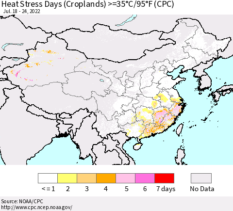 China, Mongolia and Taiwan Heat Stress Days (Croplands) >=35°C/95°F (CPC) Thematic Map For 7/18/2022 - 7/24/2022