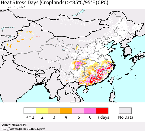 China, Mongolia and Taiwan Heat Stress Days (Croplands) >=35°C/95°F (CPC) Thematic Map For 7/25/2022 - 7/31/2022