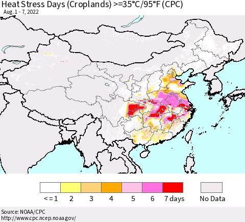 China, Mongolia and Taiwan Heat Stress Days (Croplands) >=35°C/95°F (CPC) Thematic Map For 8/1/2022 - 8/7/2022