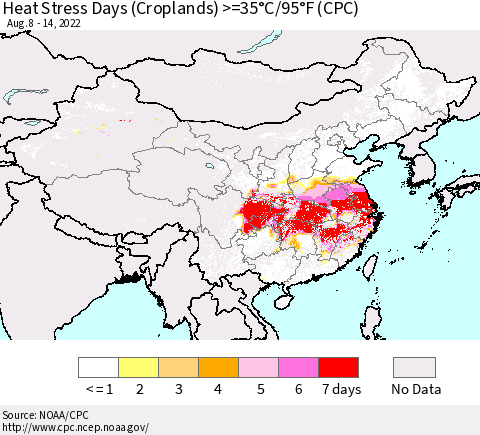 China, Mongolia and Taiwan Heat Stress Days (Croplands) >=35°C/95°F (CPC) Thematic Map For 8/8/2022 - 8/14/2022