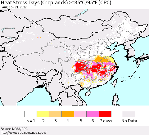 China, Mongolia and Taiwan Heat Stress Days (Croplands) >=35°C/95°F (CPC) Thematic Map For 8/15/2022 - 8/21/2022