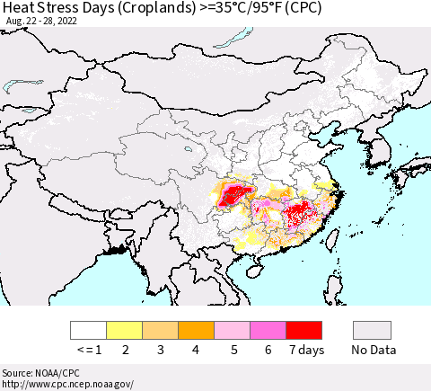 China, Mongolia and Taiwan Heat Stress Days (Croplands) >=35°C/95°F (CPC) Thematic Map For 8/22/2022 - 8/28/2022
