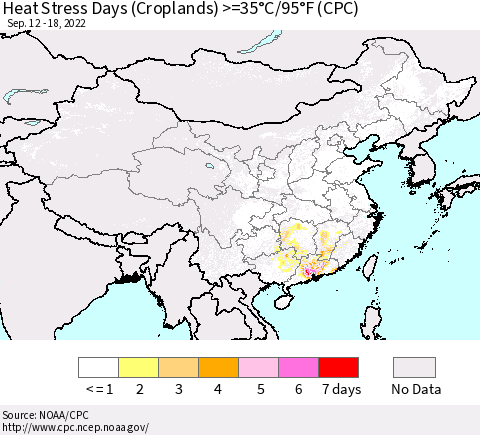 China, Mongolia and Taiwan Heat Stress Days (Croplands) >=35°C/95°F (CPC) Thematic Map For 9/12/2022 - 9/18/2022