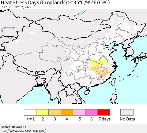 China, Mongolia and Taiwan Heat Stress Days (Croplands) >=35°C/95°F (CPC) Thematic Map For 9/26/2022 - 10/2/2022