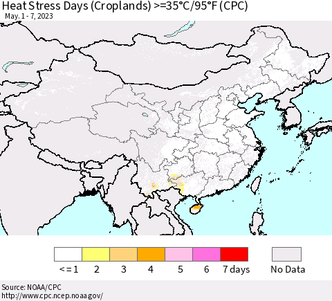 China, Mongolia and Taiwan Heat Stress Days (Croplands) >=35°C/95°F (CPC) Thematic Map For 5/1/2023 - 5/7/2023
