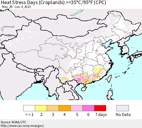 China, Mongolia and Taiwan Heat Stress Days (Croplands) >=35°C/95°F (CPC) Thematic Map For 5/29/2023 - 6/4/2023