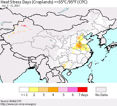 China, Mongolia and Taiwan Heat Stress Days (Croplands) >=35°C/95°F (CPC) Thematic Map For 6/5/2023 - 6/11/2023