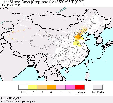 China, Mongolia and Taiwan Heat Stress Days (Croplands) >=35°C/95°F (CPC) Thematic Map For 6/12/2023 - 6/18/2023