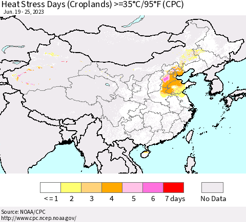 China, Mongolia and Taiwan Heat Stress Days (Croplands) >=35°C/95°F (CPC) Thematic Map For 6/19/2023 - 6/25/2023