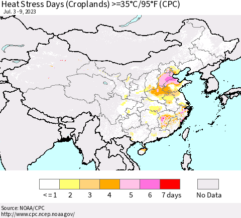China, Mongolia and Taiwan Heat Stress Days (Croplands) >=35°C/95°F (CPC) Thematic Map For 7/3/2023 - 7/9/2023