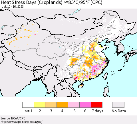 China, Mongolia and Taiwan Heat Stress Days (Croplands) >=35°C/95°F (CPC) Thematic Map For 7/10/2023 - 7/16/2023