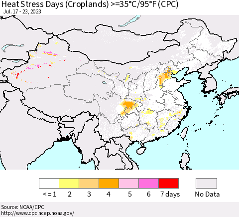 China, Mongolia and Taiwan Heat Stress Days (Croplands) >=35°C/95°F (CPC) Thematic Map For 7/17/2023 - 7/23/2023
