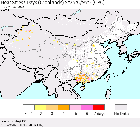 China, Mongolia and Taiwan Heat Stress Days (Croplands) >=35°C/95°F (CPC) Thematic Map For 7/24/2023 - 7/30/2023