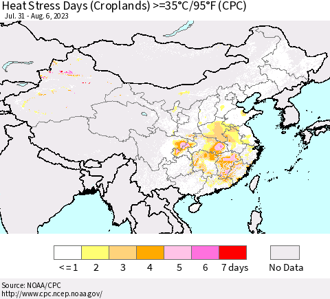 China, Mongolia and Taiwan Heat Stress Days (Croplands) >=35°C/95°F (CPC) Thematic Map For 7/31/2023 - 8/6/2023