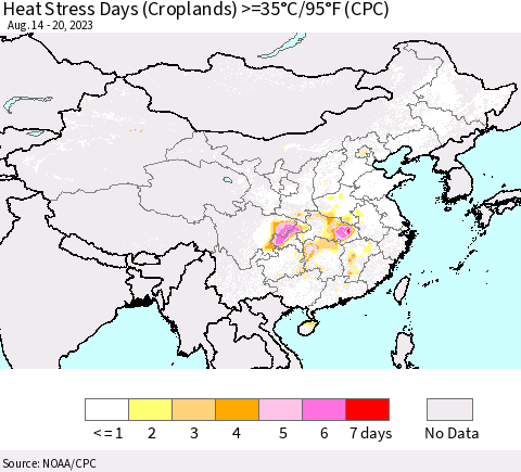 China, Mongolia and Taiwan Heat Stress Days (Croplands) >=35°C/95°F (CPC) Thematic Map For 8/14/2023 - 8/20/2023