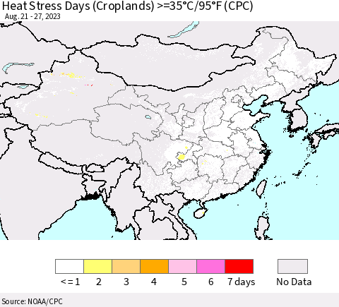 China, Mongolia and Taiwan Heat Stress Days (Croplands) >=35°C/95°F (CPC) Thematic Map For 8/21/2023 - 8/27/2023
