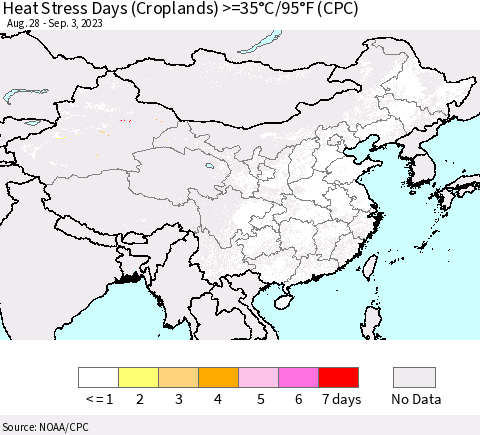 China, Mongolia and Taiwan Heat Stress Days (Croplands) >=35°C/95°F (CPC) Thematic Map For 8/28/2023 - 9/3/2023