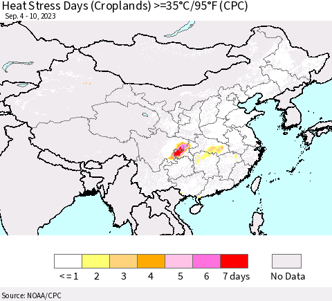 China, Mongolia and Taiwan Heat Stress Days (Croplands) >=35°C/95°F (CPC) Thematic Map For 9/4/2023 - 9/10/2023