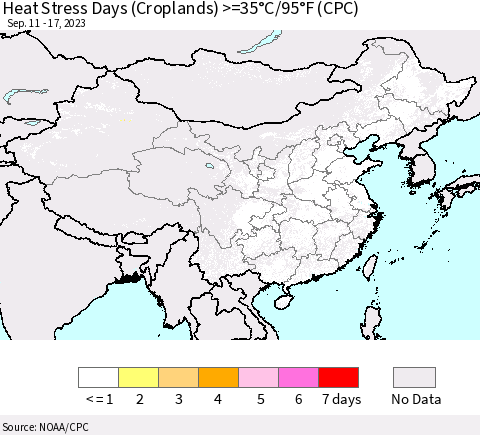China, Mongolia and Taiwan Heat Stress Days (Croplands) >=35°C/95°F (CPC) Thematic Map For 9/11/2023 - 9/17/2023
